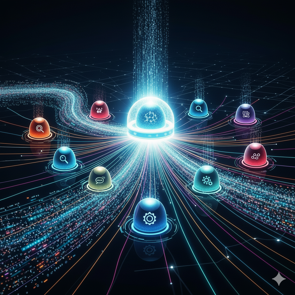 AI Agent Workflows: This second image visualizes the concept of the Pydantic AI framework transforming complex, chaotic data into a structured and organized output.