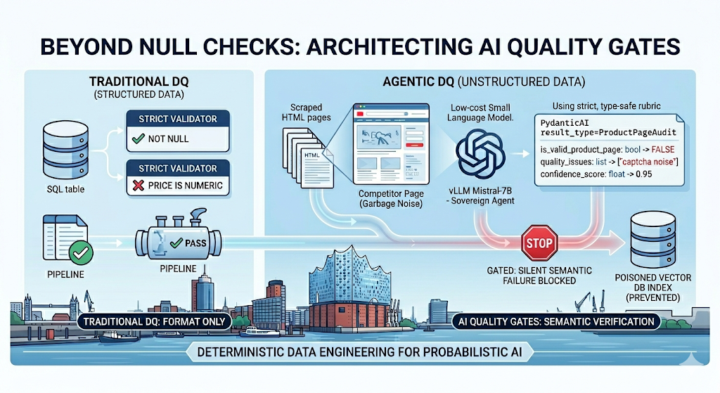 A technical illustration designed in the Data Do visual style, comparing Traditional DQ format checks on the left against a Sovereign AI Quality Gate on the right. It visualizes a Giskard validator and PydanticAI model blocking a silent semantic failure (scraped captcha noise) from poisoning a production Vector DB.