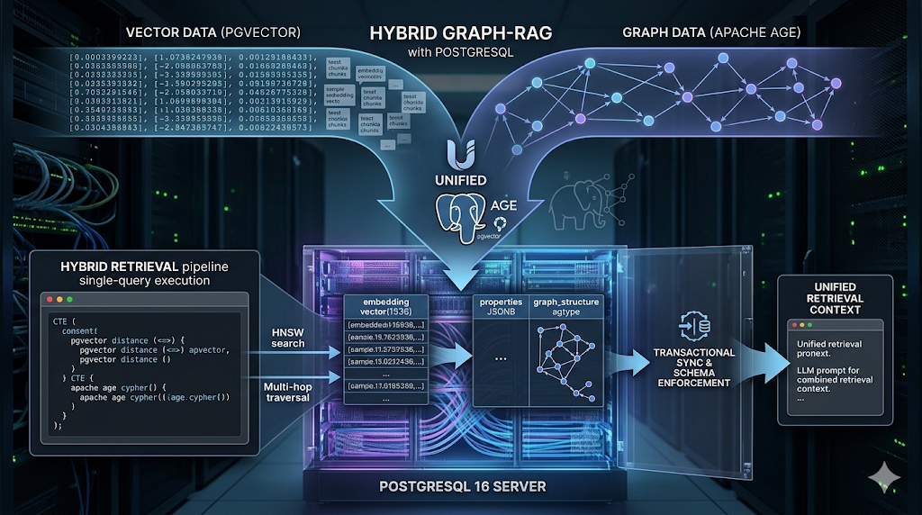A technical infographic illustrating the unified "Hybrid Graph-RAG" architecture utilizing PostgreSQL. On the left, "Vector Data (pgvector)" is shown as lists of raw data points merging with "Graph Data (Apache Age)" visualization (nodes and edges). Both streams flow into a central "UNIFIED" PostgreSQL server icon. Below, a "Hybrid Retrieval pipeline" panel details single-query execution, combining vector search and multi-hop traversal via code. Data tables inside the server show "embedding vectors" and "JSONB graph properties" linking to a "Transactional Sync & Schema Enforcement" process. The final output on the right is the "Unified Retrieval Context," ready for an LLM prompt. The entire setup is labeled as a "PostgreSQL 16 Server."