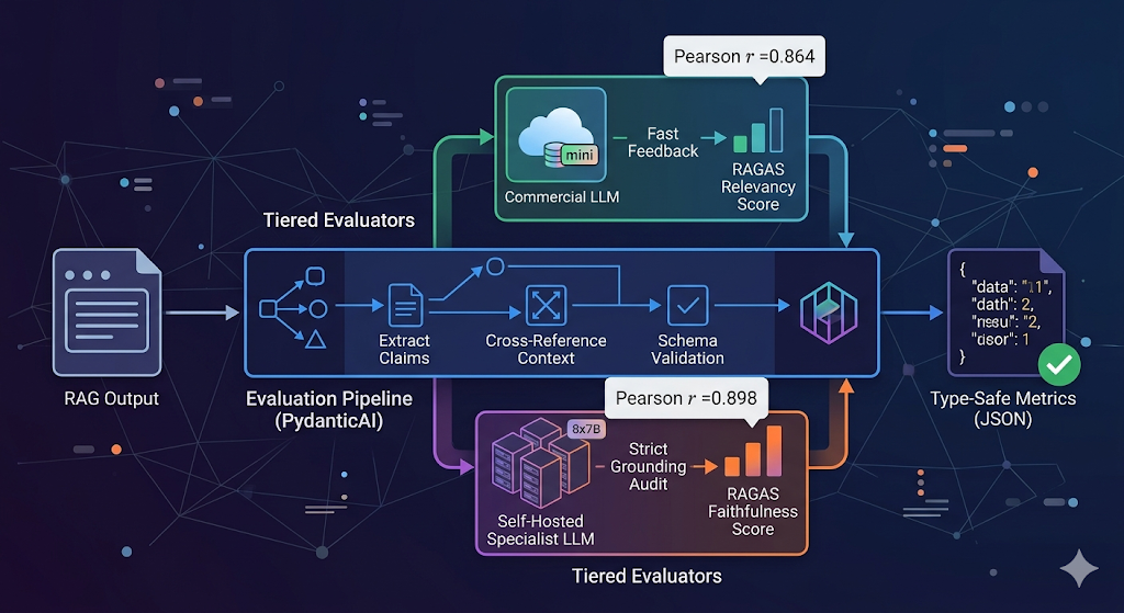 A technical flow diagram illustrating a RAG evaluation pipeline structured with PydanticAI. The process moves left to right, starting with raw RAG Output. It flows into a central box representing the 'Evaluation Pipeline (PydanticAI)', which details internal agent steps: Extract Claims, Cross-Reference Context, Schema Validation, and the PydanticAI structured output generation. The pipeline uses 'Tiered Evaluators'. The top branch uses a commercial cloud LLM (GPT-4o-mini icon) for fast feedback and shows a lower human correlation (Pearson r=0.864) for Answer Relevancy. The bottom branch utilizes a self-hosted specialist LLM cluster (8x7B) for high human correlation (Pearson r=0.898) for strict grounding audits. The final output on the right is validated 'Type-Safe Metrics (JSON)'. The background features a network graph of data nodes and connecting lines.