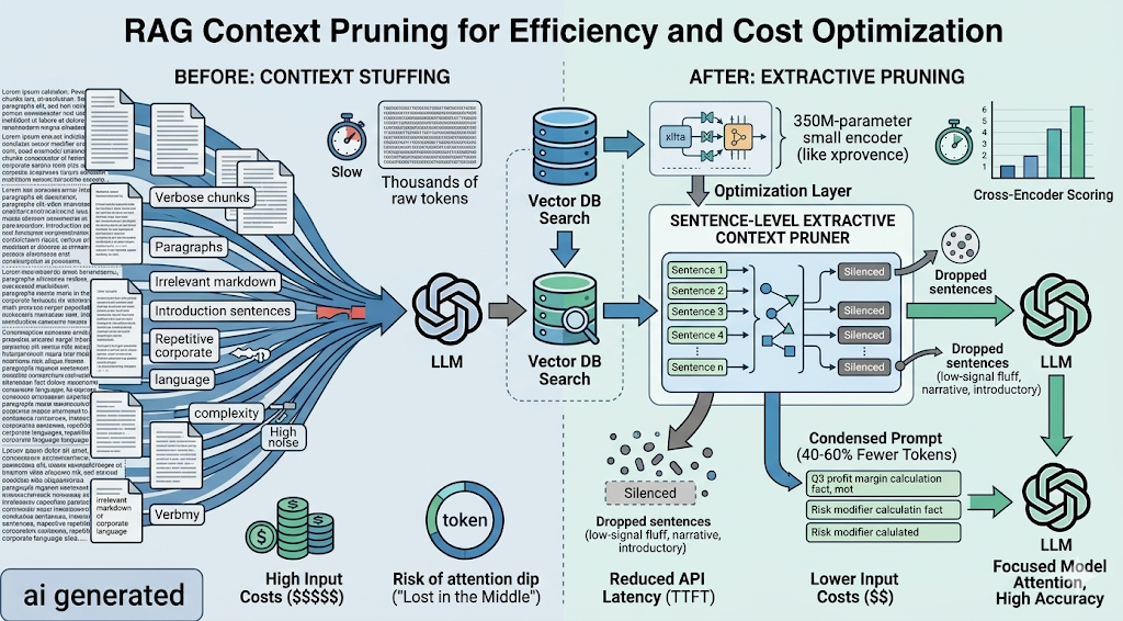 RAG Context Pruning for Efficiency and Cost Optimization" that compares two data pipelines, with an "ai generated" label in the bottom left corner.
The left side displays "Before: Context Stuffing," illustrating verbose document chunks, irrelevant markdown, and repetitive language flowing directly into an LLM. This path highlights drawbacks like high input costs, long token queues, and a high risk of attention loss ("lost in the middle").
The right side displays "After: Extractive Pruning," detailing a dual-stage filtration pipeline. Text blocks move from a vector database search to a 350M-parameter small encoder model for cross-encoder scoring. Inside this optimization layer, a sentence-level extractive context pruner isolates high-signal sentences while low-signal fluff, narratives, and introductory sentences are dropped or silenced. This pruned path results in a condensed prompt with 40% to 60% fewer tokens, lower input costs, reduced API prefill latency, and focused attention with high accuracy from the generative model.