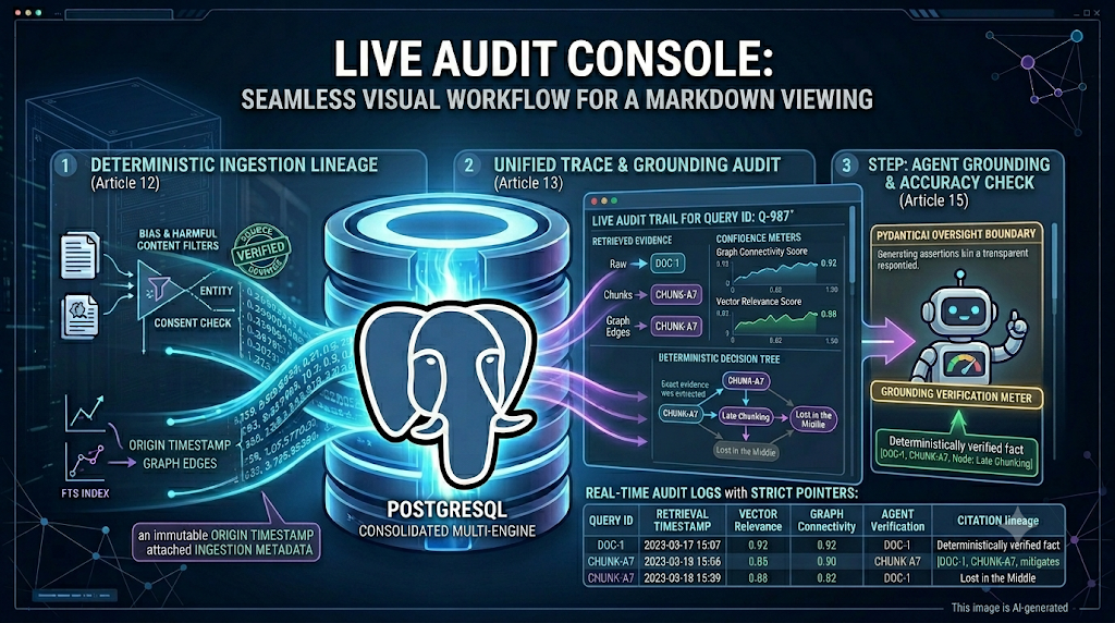 A complex digital dashboard illustration shows a data processing and auditing pipeline. On the left, raw data (labeled with timestamp and graph edges) is ingested through bias filters and consent checks. In the center, data flows into a cylinder marked with a large elephant head icon and the text "PostgreSQL Consolidated Multi-Engine." To the right, a detailed "Live Audit Trail for Query ID: Q-987" shows graphs for Connectivity and Relevance scores, alongside a deterministic decision tree. A robot character with an internal meter represents the agent inference. A table at the bottom logs real-time audit logs, with individual entries matching specified constraints. Text is sharply rendered across the interface. Footnote in the bottom right corner: "This image is AI-generated."
