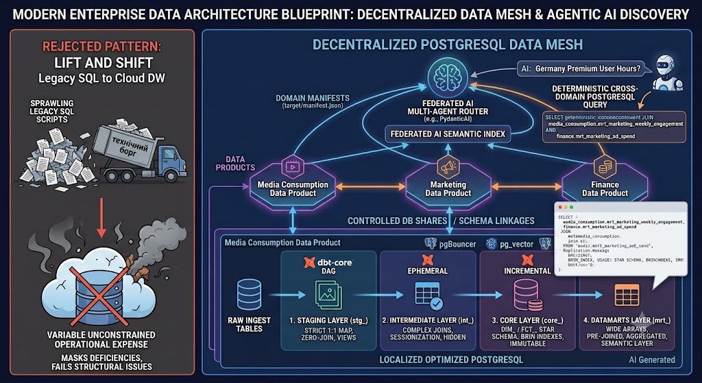 An intricate technical infographic titled 'MODERN ENTERPRISE DATA ARCHITECTURE BLUEPRINT: DECENTRALized DATA MESH & AGENTIC AI DISCOVERY' summarizing the article. The image features a contrasting panel on the left labeled 'REJECTED PATTERN: LIFT AND SHIFT Legacy SQL to Cloud DW' showing a messy pile of 'SPRAWLING LEGACY SQL SCRIPTS' being dumped by a truck labeled 'технічний борг' into a smoking, chaotic 'VARIABLE UNCONSTRAINED OPERATIONAL EXPENSE' cloud database, with an X through it and text 'MASKS DEFICIENCIES, FAILS STRUCTURAL ISSUES'. The main part of the image depicts the 'DECENTRALIZED POSTGRESQL DATA MESH' architecture. Multiple hexagonal modules are labeled 'DATA PRODUCTS' with examples: 'Media Consumption Data Product', 'Marketing Data Product', 'Finance Data Product', all connected via 'CONTROLLED DB SHARES / SCHEMA LINKAGES'. Inside 'Media Consumption Data Product', a detailed 4-LAYER dbt-core DAG flow with specific materialization icons runs on 'LOCALIZED OPTIMIZED POSTGRESQL': 'RAW INGEST TABLES' flows to '1. STAGING LAYER (stg_)' (view icon, 'STRICT 1:1 MAP, ZERO-JOIN, VIEWS'), to '2. INTERMEDIATE LAYER (int_)' (table/ephemeral icon, 'COMPLEX JOINS, SESSIONIZATION, HIDDEN'), to '3. CORE LAYER (core_)' (incremental icon, 'DIM_ / FCT_, STAR SCHEMA, BRIN INDEXES, IMMUTABLE'), to '4. DATAMARTS LAYER (mrt_)' (table icon, 'WIDE ARRAYS, PRE-JOINED, AGGREGATED, SEMANTIC LAYER'). Above the mesh, a central brain icon labeled 'FEDERATED AI MULTI-AGENT ROUTER (e.g., PydanticAI)' receives 'DOMAIN MANIFESTS (target/manifest.json)' from all domains into a 'FEDERATED AI SEMANTIC INDEX'. An AI agent takes a user prompt 'Germany Premium User Hours?' and generates a single 'DETERMINISTIC CROSS-DOMAIN POSTGRESQL QUERY' that explicitly joins 'media_consumption.mrt_marketing_weekly_engagement' and 'finance.mrt_marketing_ad_spend', with detailed SQL code snippet shown in a popup, including BRIN index usage. Icons for 'pgBouncer', 'pg_vector', and 'Replication Monitoring' are subtly integrated within relevant layers. The overall style is clean, modern digital, with glowing data flows and structured diagrams in a blue, purple, and orange palette.