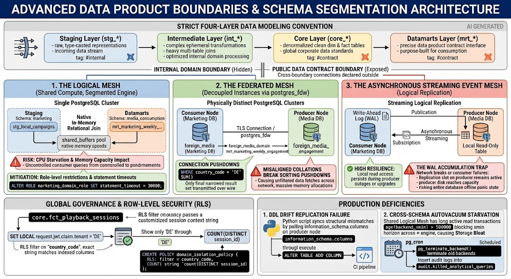 A detailed infographic illustrating advanced data product boundaries and schema segmentation architecture across three PostgreSQL mechanisms: Logical Mesh (shared cluster), Federated Mesh (postgres_fdw), and Event Mesh (Logical Replication), along with dbt 4-layer modeling (stg, int, core, mrt), RLS governance, and production deficiency workarounds (WAL trap mitigation, DDL drift sync).