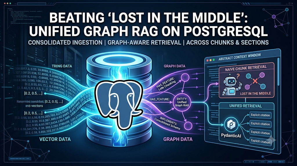 We have synthesized the core architectural win—consolidating the retrieval stack—into a definitive title image. This illustration visually maps the technical shift from naive, isolated vector retrieval to deterministic, graph-aware context injection, all executed within the single logical and physical boundary of a single database.

Left (Input): Raw document ingestion is immediately split into distinct, yet locality-preserving, multi-model storage layers: dense Vector Data (represented by embedding vectors) and structured Graph Data (represented by nodes and edges).

Center (Storage Engine): These storage types are unified within a central, robust database cylinder, explicitly marked by the PostgreSQL elephant, emphasizing the single-engine footprint (PostgreSQL + pgvector + Apache AGE).

Right (Retrieval): This highlights the operational difference. The top section visualizes the failure of traditional "Naive Chunk Retrieval," where a confused agent cannot access relevant context trapped in the middle. The bottom section visualizes "Unified Retrieval," showing the grounded inference agent deterministic access to the entire, interconnected data topology, which is then explicitly mapped and grounded (using PydanticAI and citations).

This visual is optimized to serve as a high-fidelity header for the technical documentation, social media sharing, or article introduction.