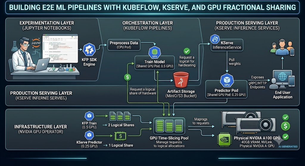A technical infographic illustrating an E2E machine learning pipeline using Kubeflow and KServe with fractional GPU sharing. It is organized into five layered sections: Experimentation (Jupyter), Orchestration (Kubeflow Pipelines), Production Serving (KServe), and Infrastructure (NVIDIA GPU Operator). Flowcharts and icons show the process from data preprocessing to model training and deployment. Key elements include logical share requests for a shared GPU pool, a GPU time-slicing mechanism, storage artifacts (MinIO/S3), and end-user endpoints. The infrastructure section shows KFP Train and KServe Predictor pods mapping to logical shares on a physical NVIDIA A100 GPU cluster.