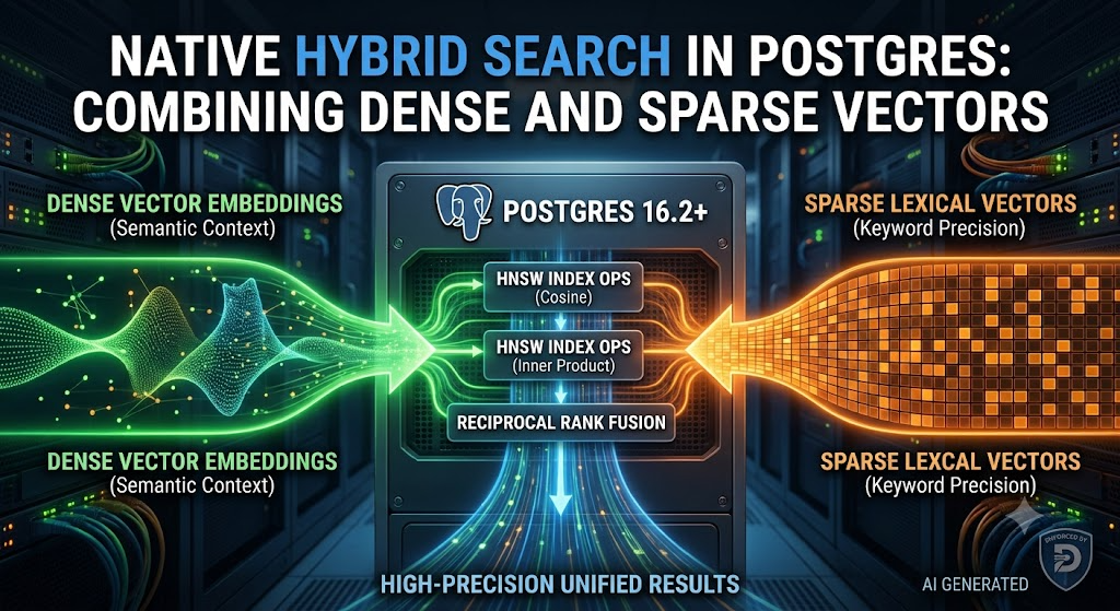 A technical infographic diagram titled "NATIVE HYBRID SEARCH IN POSTGRES: COMBINING DENSE AND SPARSE VECTORS". It illustrates a data processing flow converging on a central server rack labeled "POSTGRES 16.2+" with the PostgreSQL elephant logo. From the left, a green, flowing mesh labeled "DENSE VECTOR EMBEDDINGS (Semantic Context)" represents semantic data. Arrows direct this flow to an internal process box labeled "HNSW INDEX OPS (Cosine)". From the right, an orange, pixelated block mesh labeled "SPARSE LEXICAL VECTORS (Keyword Precision)" represents exact keyword data. Arrows direct this flow to an internal process box labeled "HNSW INDEX OPS (Inner Product)". Both HNSW index outputs flow into a central box labeled "RECIPROCAL RANK FUSION". The output of this combined process is a single, combined particle stream flowing downwards and labeled "HIGH-PRECISION UNIFIED RESULTS". The background is a detailed data center server room. Small logos for "ENFORCED BY" and "AI GENERATED" are in the bottom right.