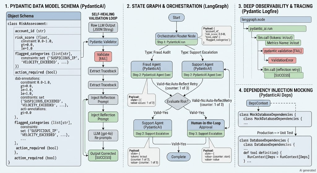 A four-panel architectural schematic illustrating production AI agent engineering: PydanticAI schema validation, LangGraph state machine orchestration, Pydantic Logfire OpenTelemetry tracing, and dependency injection for unit testing.