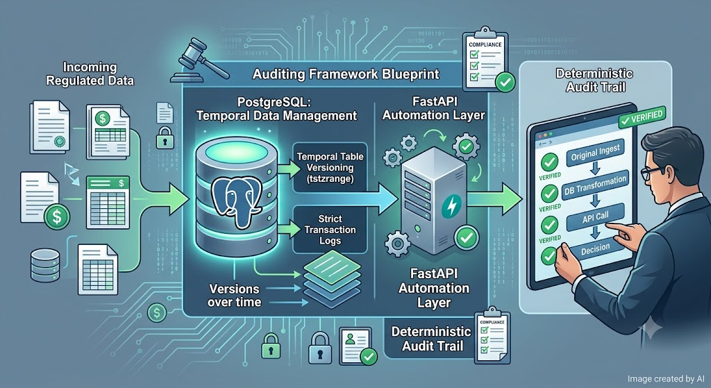 An architectural diagram illustrating an "Auditing Framework Blueprint." On the left, incoming regulated documents and financial spreadsheets flow via an arrow into a central PostgreSQL database featuring temporal table versioning (tstzrange) and transaction logs. This connects to a central FastAPI automation server layer, which feeds into a digital tablet held by an auditor on the right. The tablet displays a verified step-by-step "Deterministic Audit Trail" covering original ingestion, database transformation, API calls, and final decision states. The text "Image created by AI" appears in the bottom-right corner.